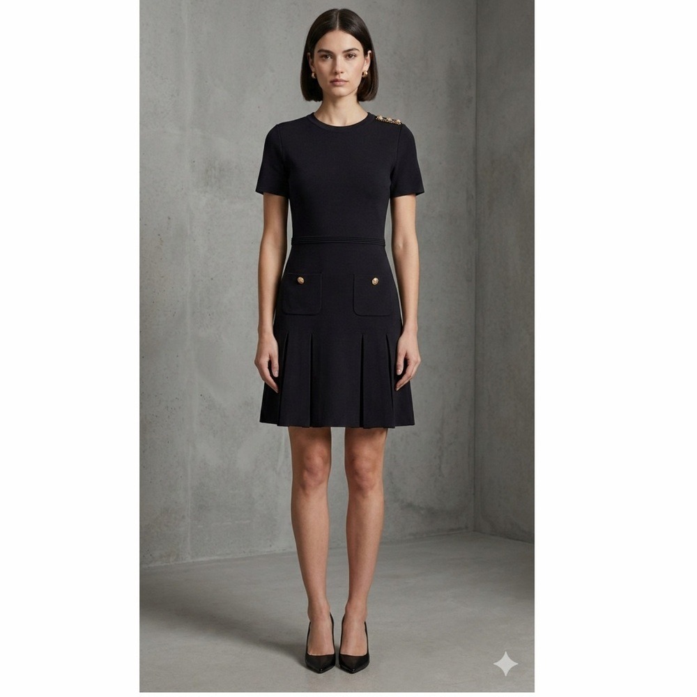 ZARA Navy Knit Gold Button Dress Women's US‎ S